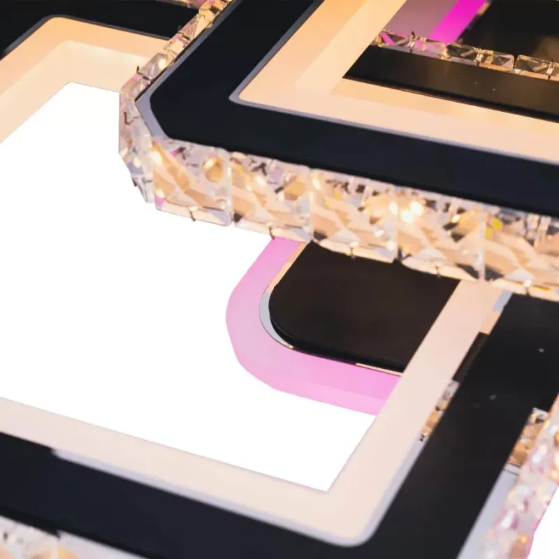 Lustra LED cu telecomanda si cristal LEILA RGB 236W, 8 Patrate, lumina Rece/Calda/Neutra, Dimabila, Negru Crom Lucios