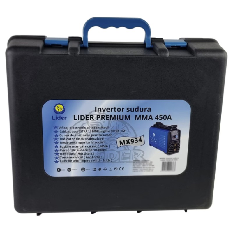 Aparat sudura LIDER PREMIUM MMA 450A, afisaj electronic, cablu 3m, valiza transport MX934