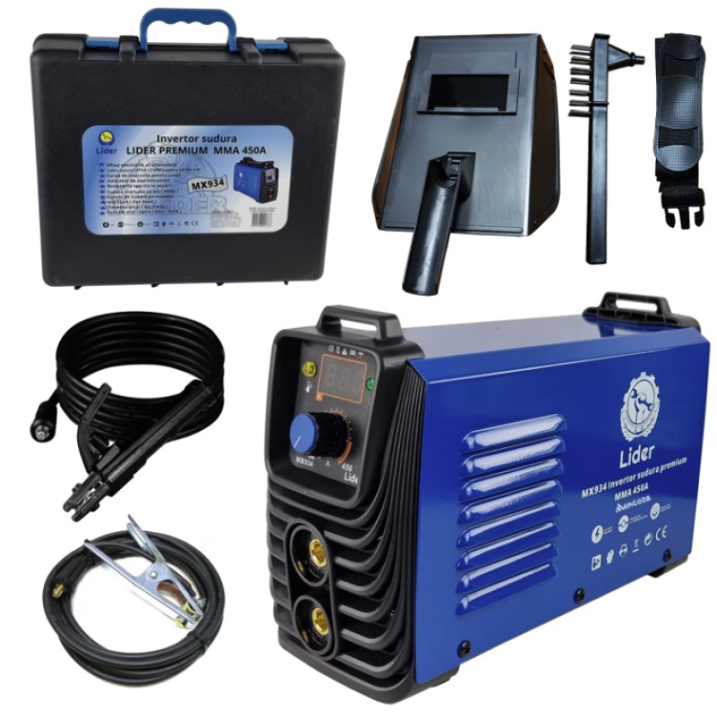 Aparat sudura LIDER PREMIUM MMA 450A, afisaj electronic, cablu 3m, valiza transport MX934