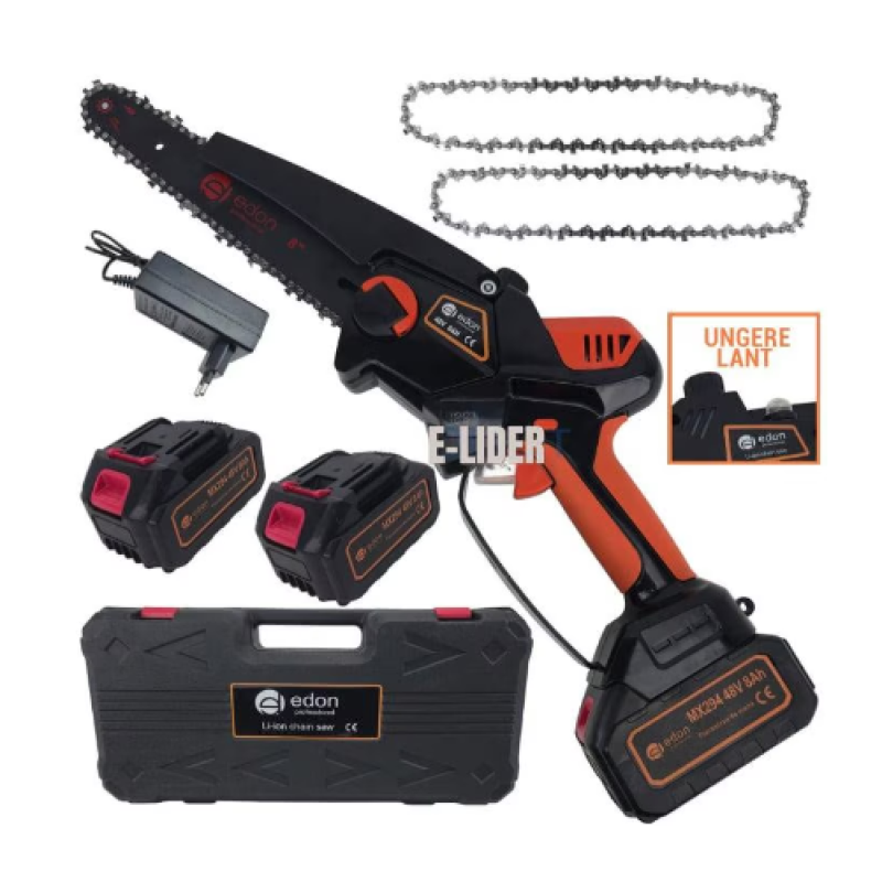 Fierastrau de mana pe acumulatori Edon Profesional 48V, 8Ah, Lama 25cm, Afisaj LCD, Ungere lant, 2 acumulatori, 2 lanturi, Incarcator, Geanta de transport MX294