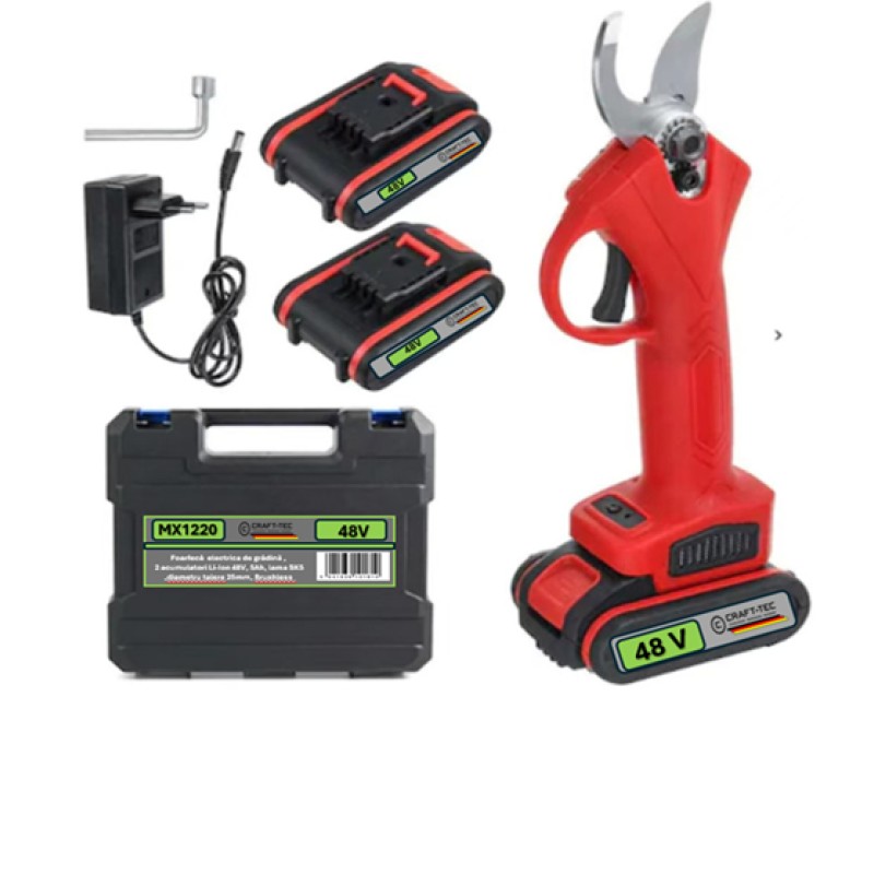 Foarfeca electrica de gradina, 2 acumulatori Li-Ion 48V, 5Ah, lama SK5, diametru taiere 25mm, Brushless, Craft-tec MX1220