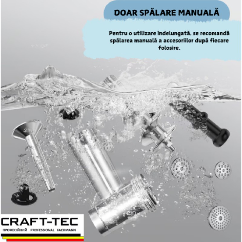 Masina de tocat carne profesionala Craft-Tec® MK-12, 4000W, 250 Kg/h, inox, reductor in baie de ulei, accesorii incluse  MX710