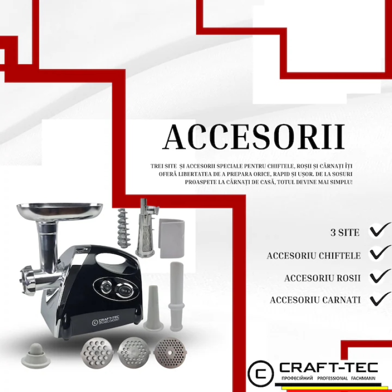 Masina electrica tocat carne NEAGRA 3800W, 3 site, accesorii rosii inclus, Craft-Tec MX976