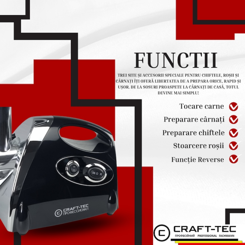 Masina electrica tocat carne NEAGRA 3800W, 3 site, accesorii rosii inclus, Craft-Tec MX976