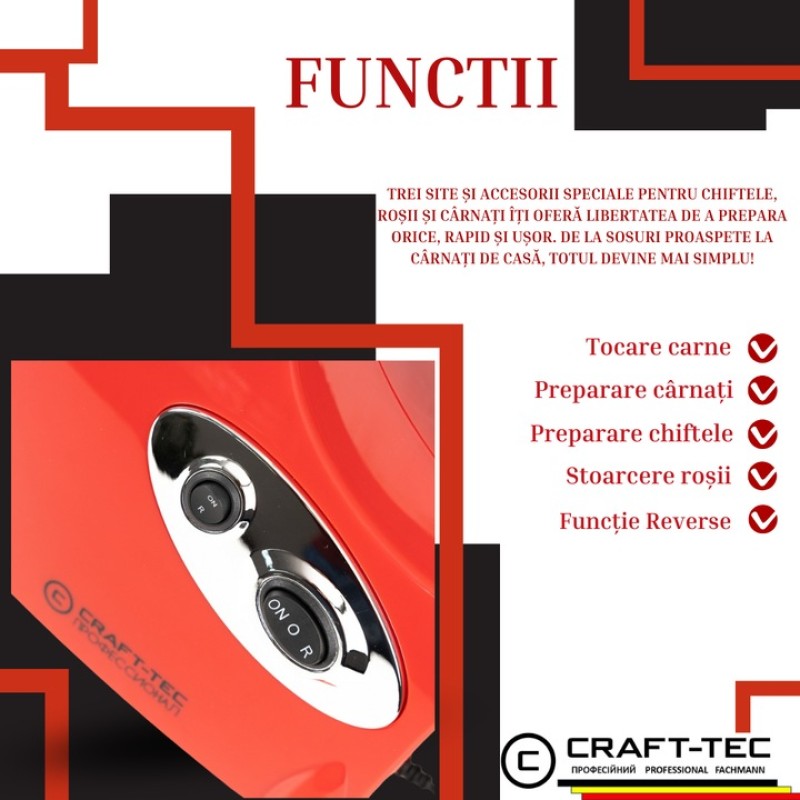 Masina electrica tocat carne ROSIE 3800W, 3 site, accesorii rosii inclus Craft-Tec MX713