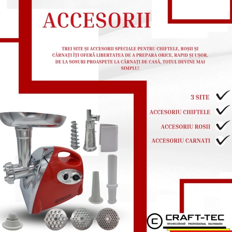 Masina electrica tocat carne ROSIE 3800W, 3 site, accesorii rosii inclus Craft-Tec MX713