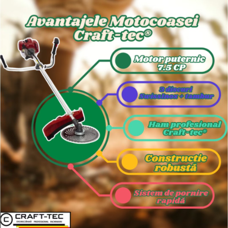Motocoasa benzina 4 timpi CRAFT-TEC T5600 PROFI 7.5hp, 5.6kw, 3 disc SwissInox (3T,8T,230), tambur, ham profi MX701