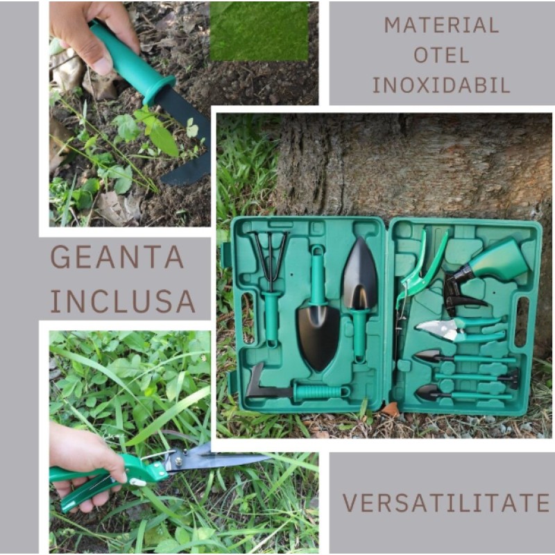 Trusa de gradinarit completa, servieta plastic VERDE, 10 piese MX992