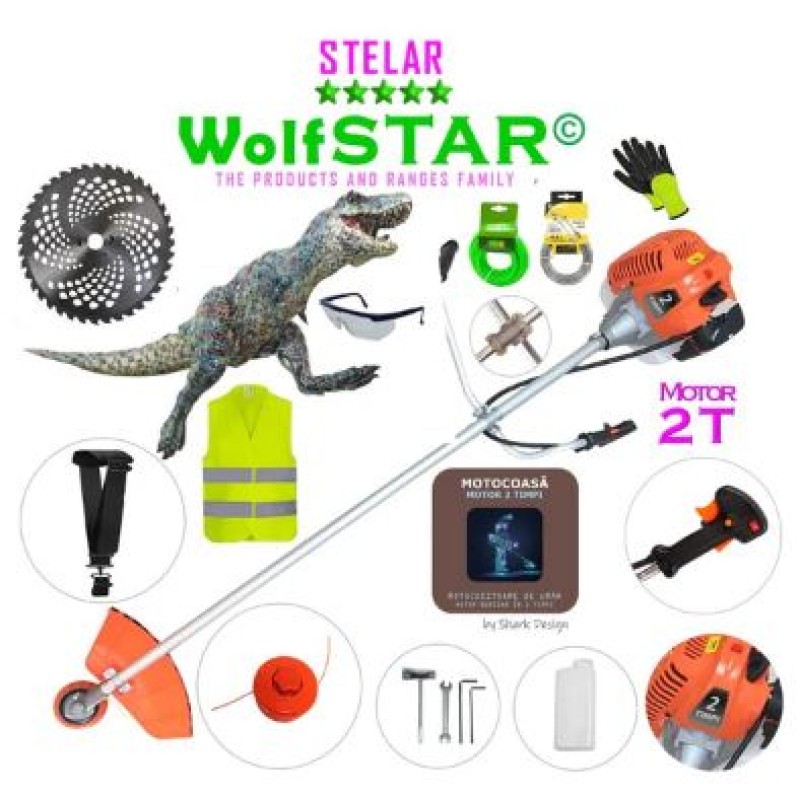 COASaZiLLA SET Motocoasa WolfSTAR© motor 2 timpi ALP, 6CP, 52cc, 11.000RPM, EXTRA Accesorii+Disc Vidia
