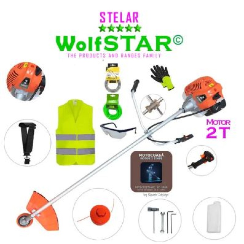 COASaZiLLA SET Motocoasa WolfSTAR© motor 2 timpi ALP, 6CP, 52cc, 11.000RPM + sistem taiere, EXTRA Accesorii