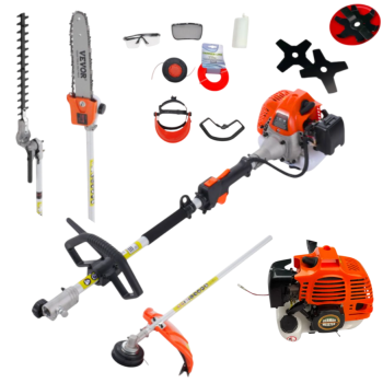 Motocoasa pe benzina 5 în 1 German Meister, Tijă Prelungitoare, Motocoasă, Trimmer, Cap drujba și Foarfecă pentru Gard Viu