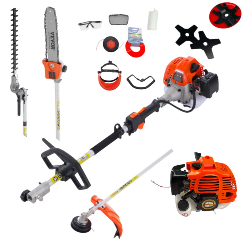 Motocoasa pe benzina 5 în 1 German Meister, Tijă Prelungitoare, Motocoasă, Trimmer, Cap drujba și Foarfecă pentru Gard Viu