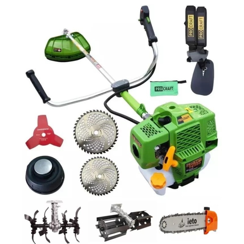Motocoasa benzina Procraft T4350 Pro cu 4 sisteme de taiere, 4.8 CP, 9000rpm + Prasitoare+ Cultivator+ Cap drujba