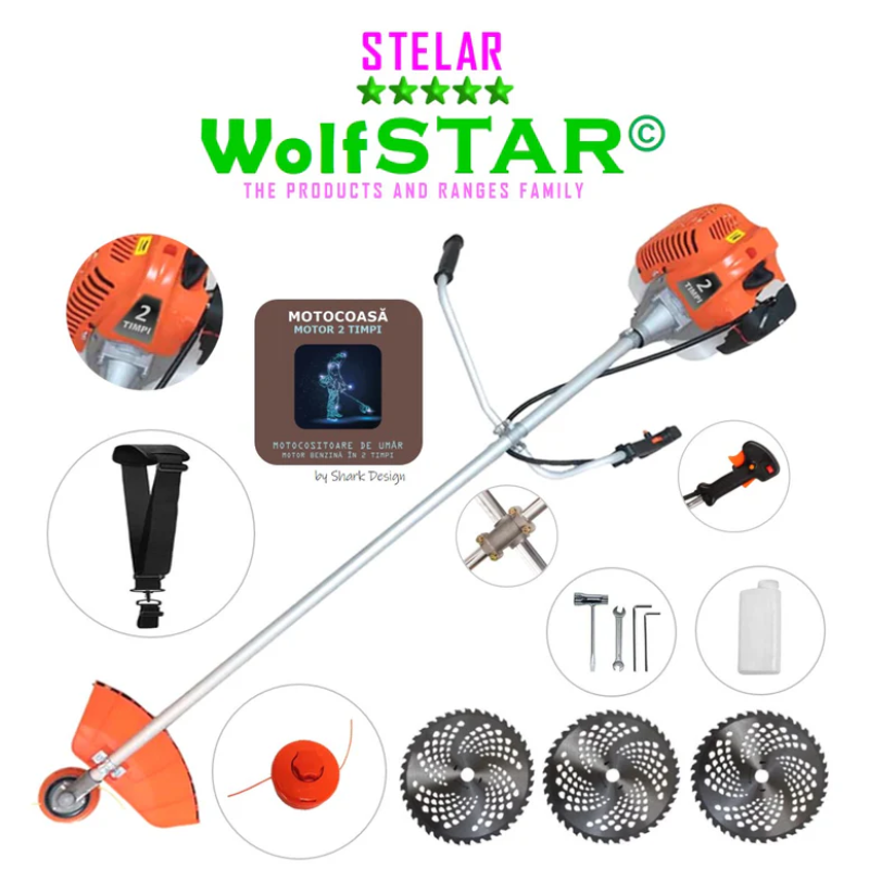 Motocoasa WolfSTAR© motor 2 timpi ALP, 6CP, 52cc, 11.000RPM + sistem taiere, Bundle 3*Disc Vidia230
