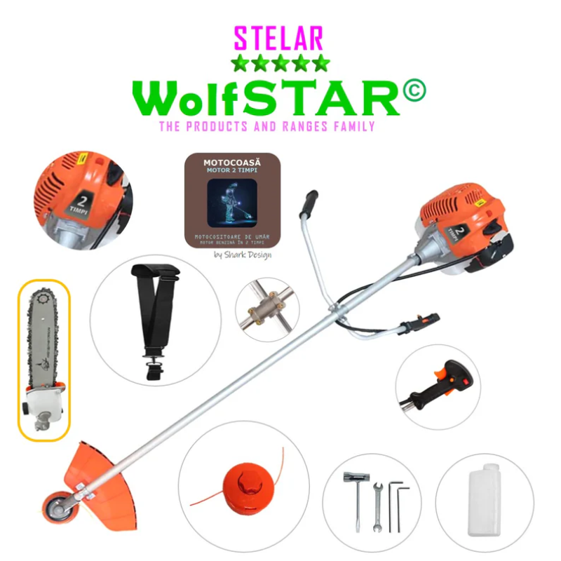 Motocoasa WolfSTAR© motor 2 timpi ALP, 6CP, 52cc, 11.000RPM + sistem taiere, Bundle Cap tip Drujba