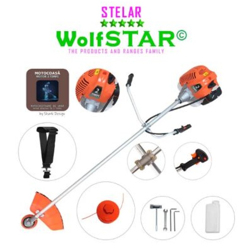 Motocoasa WolfSTAR© motor benzina 2 timpi ALP, 6CP, 52cc, 11.000RPM + sistem taiere