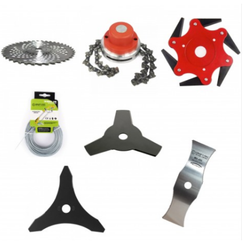 Set motocoasa 7 piese, disc 230x40T vidia, cu 6 cutite pliabile, 2T 12inch, 3T 255, 3T 255 ondult, tambur cu lant drujba si fir 2.4mm x 12m