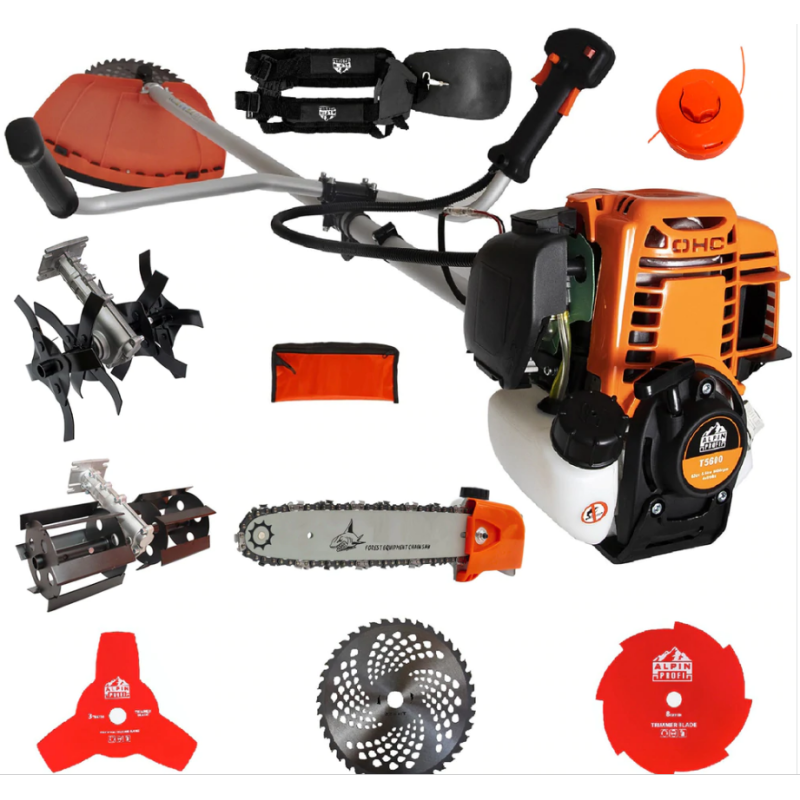 Set Motocoasa Alpin Profi 5600, Motor 4 Timpi, 7Cp + 3 x Cap prasitoare + cultivator + drujba
