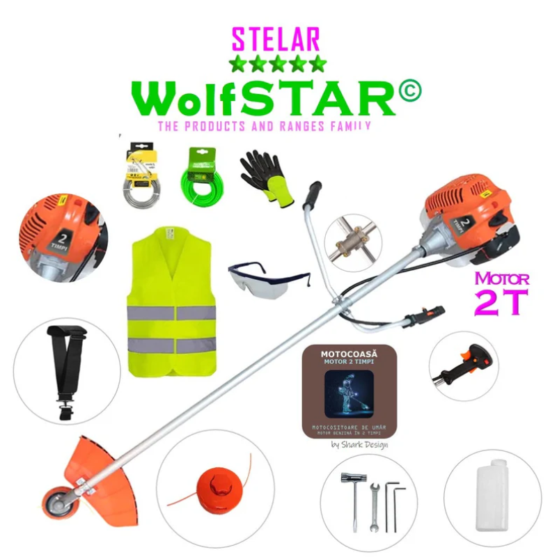 SET Motocoasa WolfSTAR© motor 2 timpi ALP, 6CP, 52cc, 11.000RPM + sistem taiere, EXTRA Accesorii