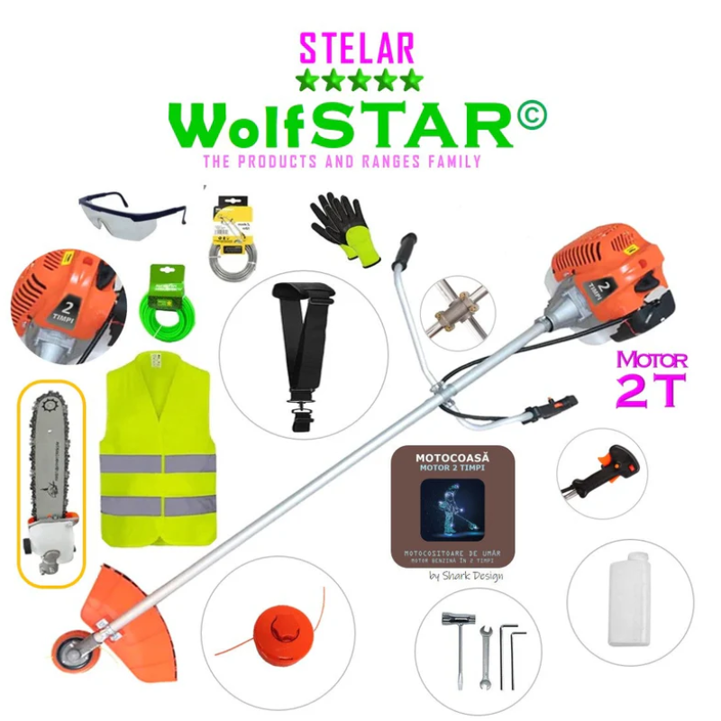 SET Motocoasa WolfSTAR© motor 2 timpi ALP, 6CP, 52cc, 11.000RPM + sistem taiere, EXTRA Accesorii+Cap Tip Drujba