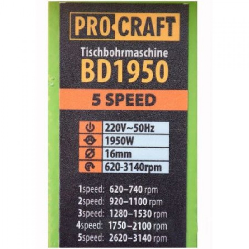 BD1950 bormasina de banc fixa cu coloana PROCRAFT, produsul contine taxa timbru verde 6 Ron, 25.30 kg