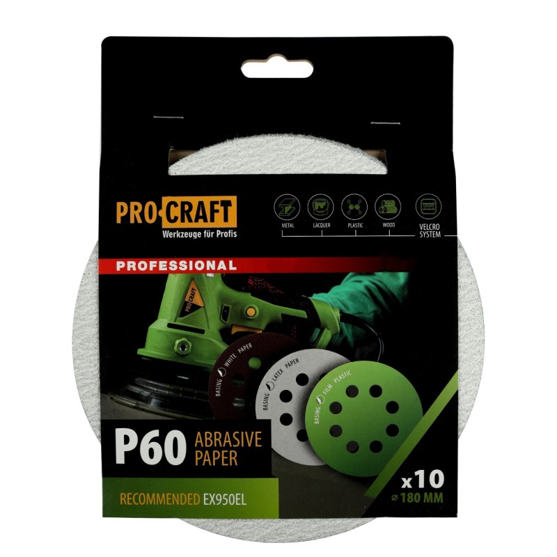 Disc abraziv pentru slefuitor cu excentric KB180.60 PROCRAFT (Set 10 buc) Diametru: 180 mm, Granulatie: P60
