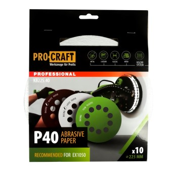 Disc abraziv pentru slefuitor cu excentric KB225.40 PROCRAFT (Set 10 buc) Diametru: 225 mm Granulatie: P40