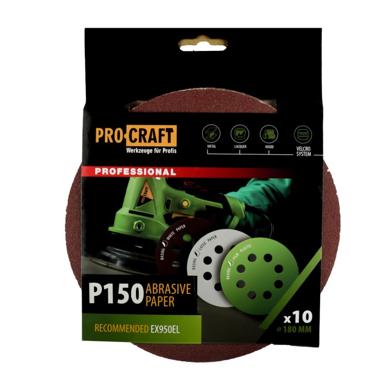 Disc abraziv pentru slefuitor cu excentric KD180.150 PROCRAFT (Set 10 buc) Diametru: 180 mm Granulatie: P150