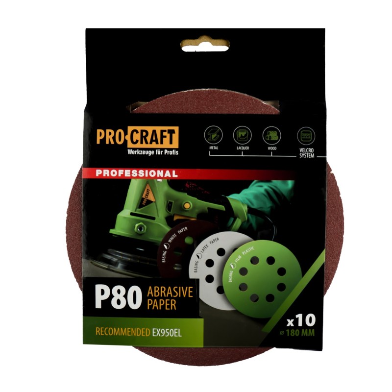 Disc abraziv pentru slefuitor cu excentric KD180.80 PROCRAFT (Set 10 buc) Diametru: 180 mm Granulatie: P80
