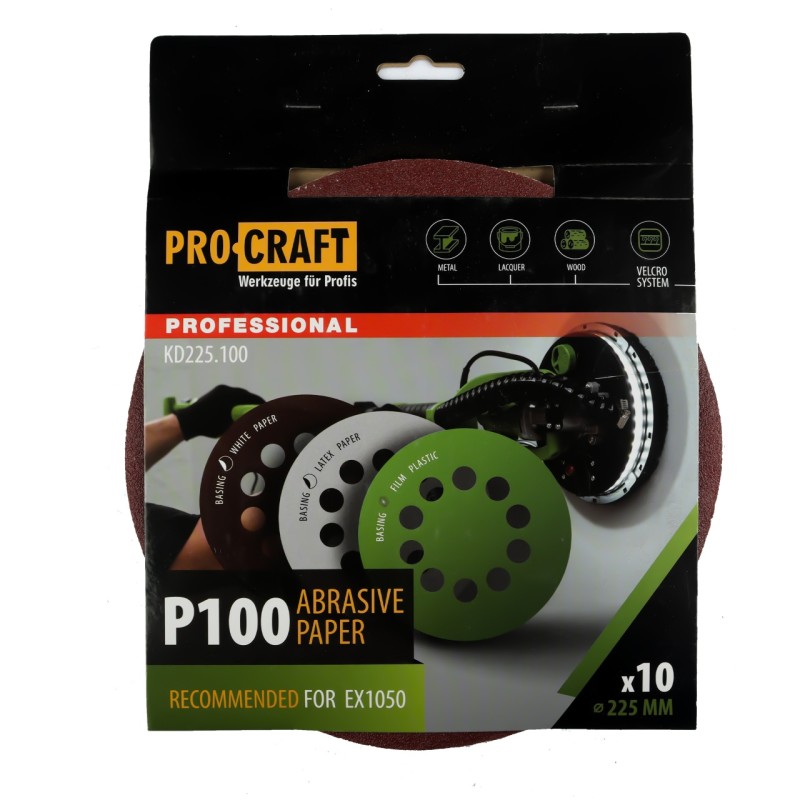 Disc abraziv pentru slefuitor cu excentric KD225.100 PROCRAFT (Set 10 buc) Diametru: 225 mm, Granulatie: P100