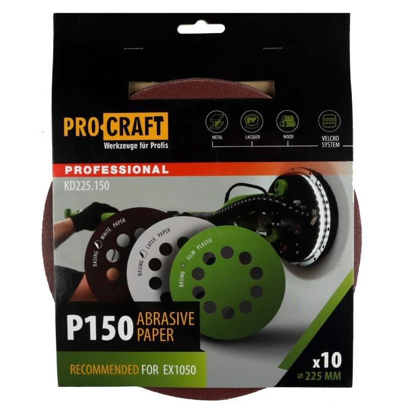 Disc abraziv pentru slefuitor cu excentric KD225.150 PROCRAFT (Set 10 buc)Diametru: 225 mm Granulatie: P150