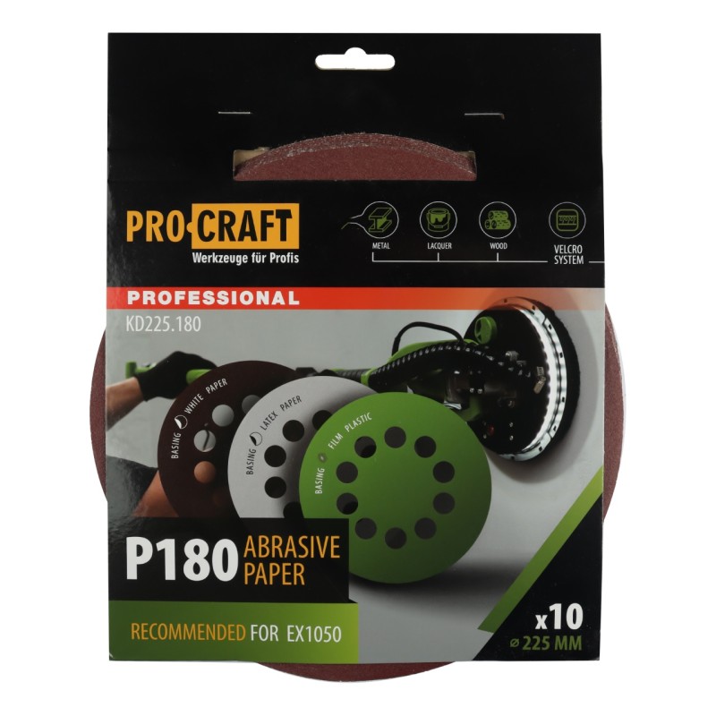 Disc abraziv pentru slefuitor cu excentric KD225.180 PROCRAFT (Set 10 buc)Diametru: 225 mm Granulatie: P180