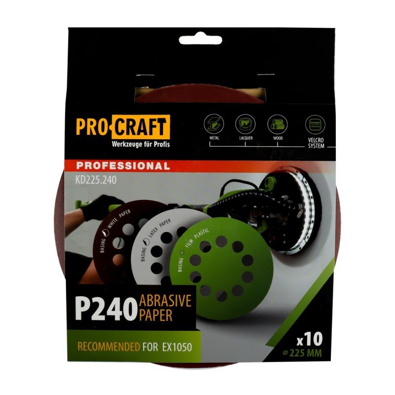 Disc abraziv pentru slefuitor cu excentric KD225.240 PROCRAFT (Set 10 buc) Diametru: 225 mm Granulatie: P240