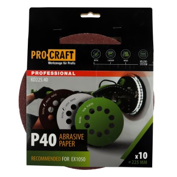 Disc abraziv pentru slefuitor cu excentric KD225.40 PROCRAFT (Set 10 buc)Diametru: 225 mm , Granulatie: P40