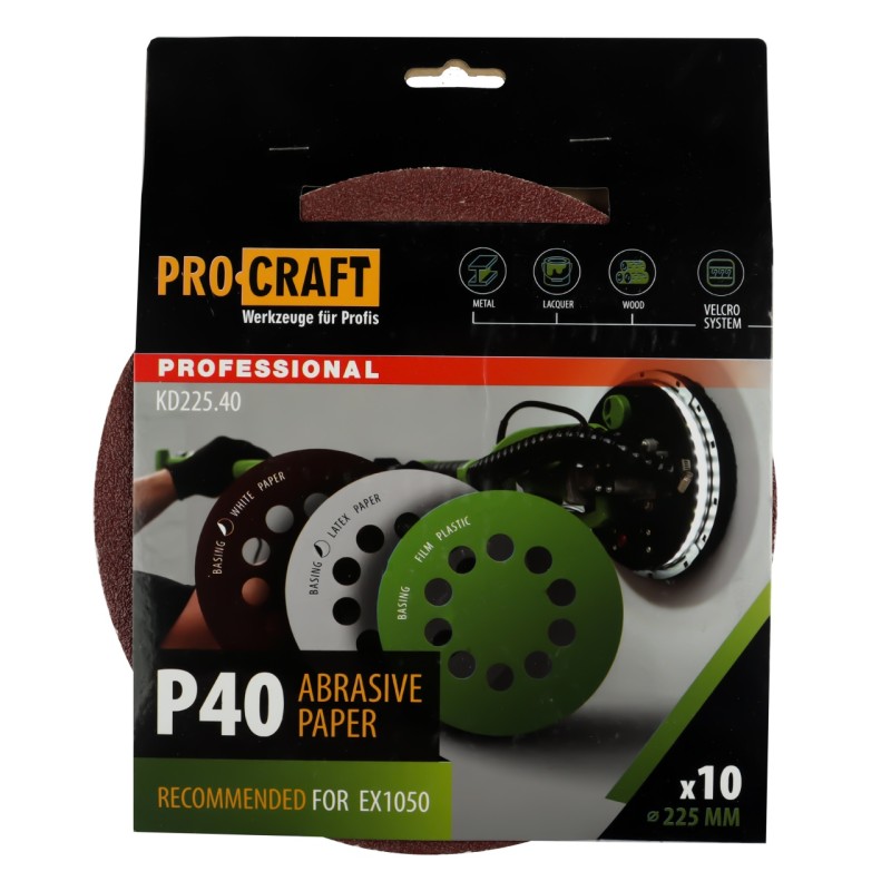 Disc abraziv pentru slefuitor cu excentric KD225.40 PROCRAFT (Set 10 buc)Diametru: 225 mm , Granulatie: P40