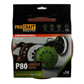 Disc abraziv pentru slefuitor cu excentric KD225.80 PROCRAFT (Set 10 buc) Diametru: 225 mm Granulatie: P80