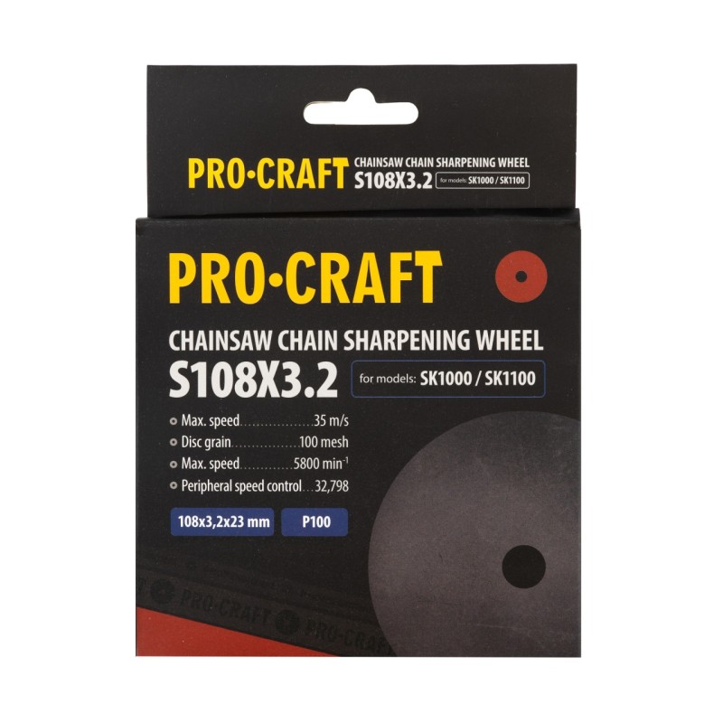 Disc de ascutit pentru ascutitor cu lant S108x23x3.2 GRANULATIE P100, NUMAR ROTATII 5800 RPM PROCRAFT Compatibil cu SK1000