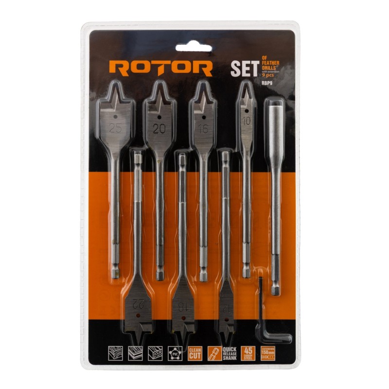 Set burghie plate pentru lemn 9 buc 10-25mm ROTOR RBP9