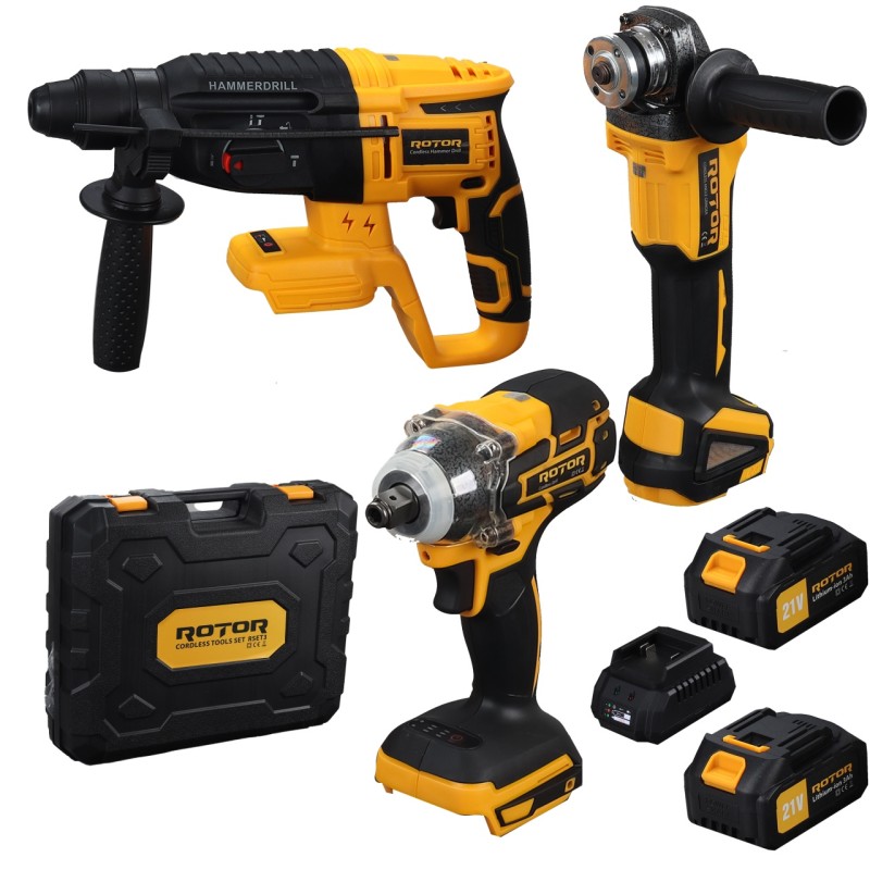 Trusa de scule 3 în 1 ROTOR RSET3, Rotopercutor ,Polizor unghiular, Autofiletanta 21V/3Ah