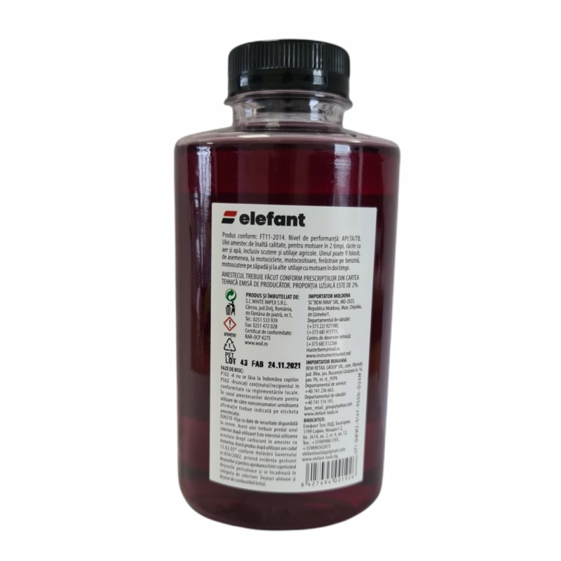 Ulei 0.5L, rosu amestec, motoare 2T, 30 ml/l, Elefant