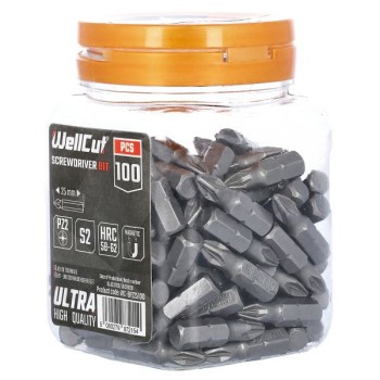 WC-BPZ25100 WELLCUT SCREWDRIVER BIT PZ2 100 PCS PZ2 25 MM