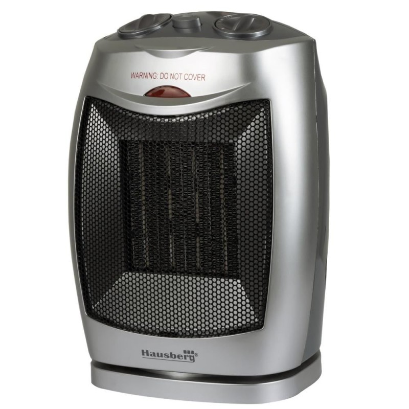 Aeroterma ceramica HAUSBERG HB-8300, 1500W, Termostat Reglabil, 2 Viteze, Functie Ventilator, Siguranta Anti Cadere, Silentios, Maner transport, Argintiu