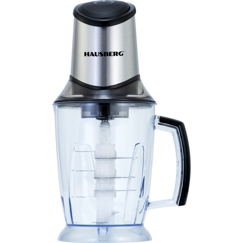 Tocator electric HAUSBERG HB-4508IN, 500-700W, 1 treapta de viteza, 2 litri, bol din plastic, 8 cutite cu lame din otel inoxidabil, argintiu