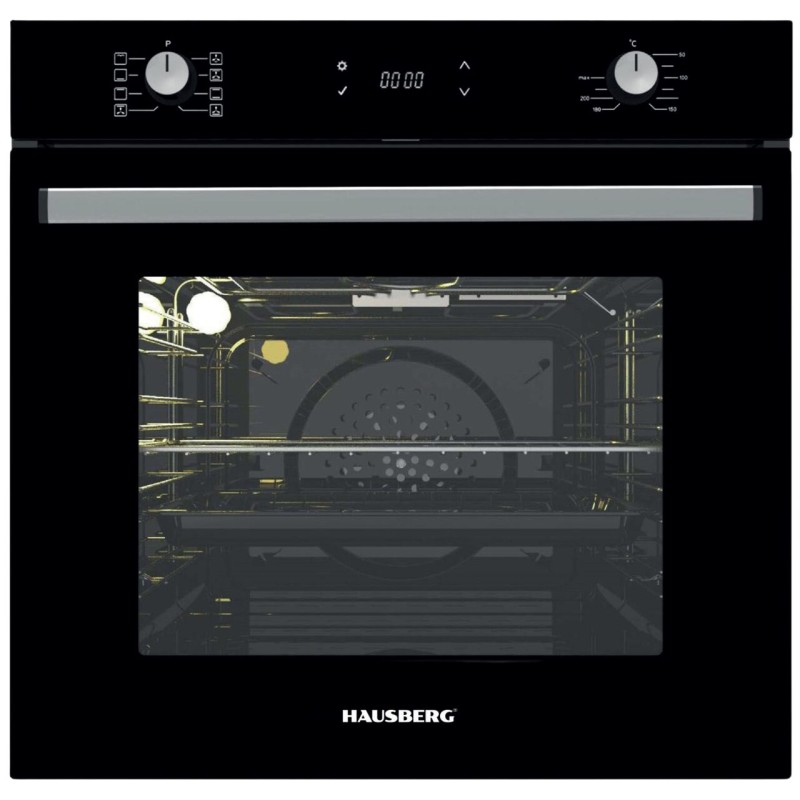 Cuptor electric incorporabil Hausberg HB-8054NG, Clasa A, volum 71L, putere 2225W, panou sticla termoizolant, termostat, timer, 8 functii, ventilatie, Negru