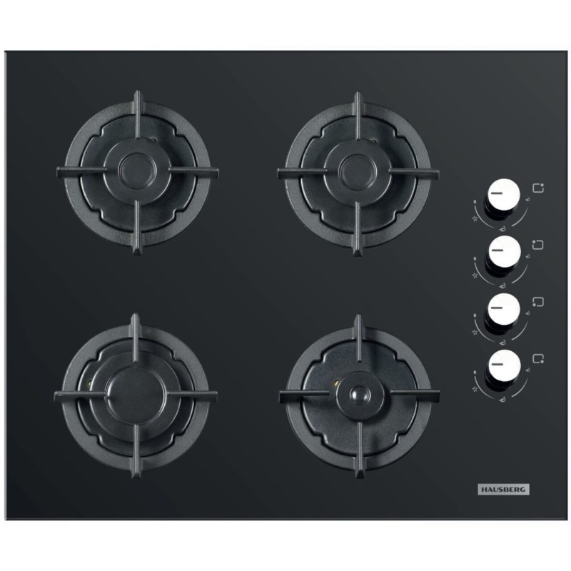 Plita incorporabila Hausberg HB-567NG, Gaz, 4 arzatoare, Sistem de siguranta GAZ, Gratar din fonta, Material Sticla, Negru