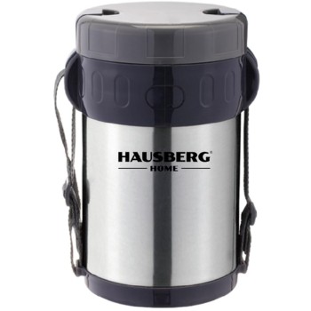 Cutie de pranz Thermos Hausberg HB H1461, 2 litri, otel inoxidabil, 3 recipiente separate, lingura, furculita, inox