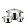 Set 3 oale din inox Ertone MN-515 cu 3 capace din sticla, 20cm/3.2L, 22cm/4,5L, 24cm/6,3L, Inox
