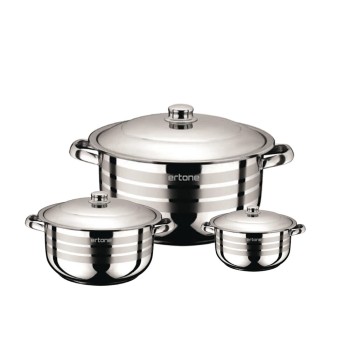 Set 3 oale din inox Ertone MN-515 cu 3 capace din sticla, 20cm/3.2L, 22cm/4,5L, 24cm/6,3L, Inox