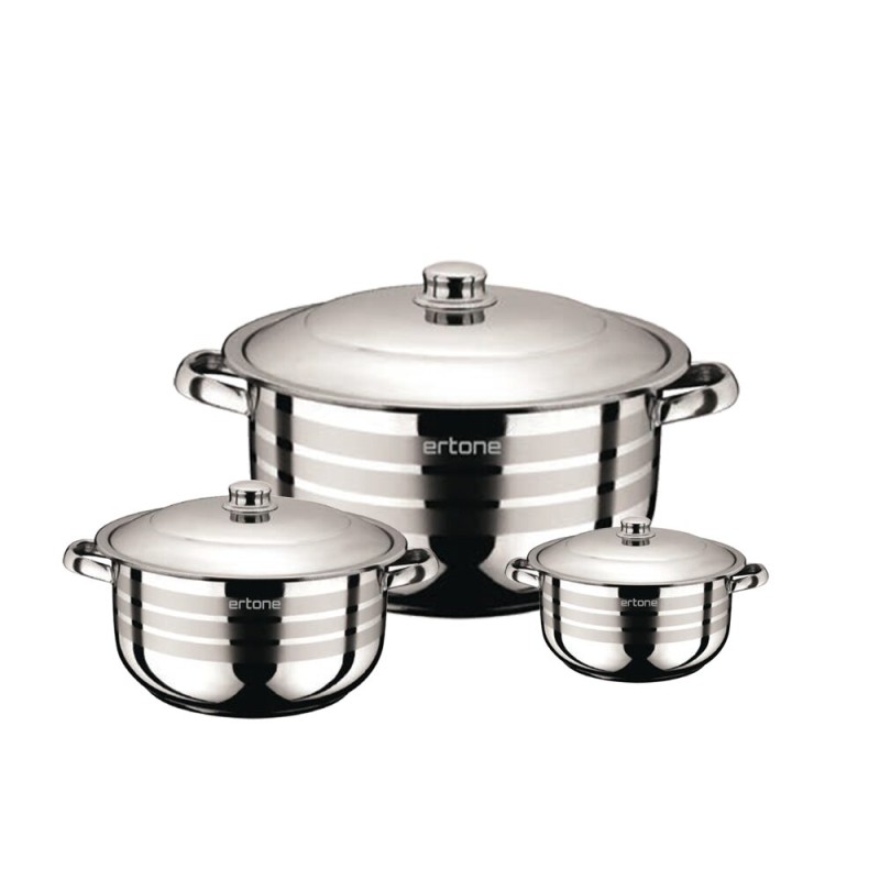 Set 3 oale din inox Ertone MN-515 cu 3 capace din sticla, 20cm/3.2L, 22cm/4,5L, 24cm/6,3L, Inox