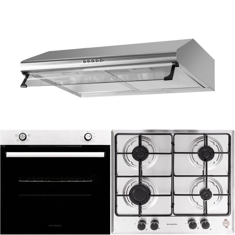 Pachet incorporabil Cuptor electric Hausberg HB-8051IN, Clasa A, 76L, 2000W, Negru/Inox, Plita Incorporabila HB-555, 4 arzatoare, Gaz, Inox, Hota incorporabila decorativa HB-1220, Putere de absorbtie 450 m3/h, 2 motoare, 60 cm, Inox